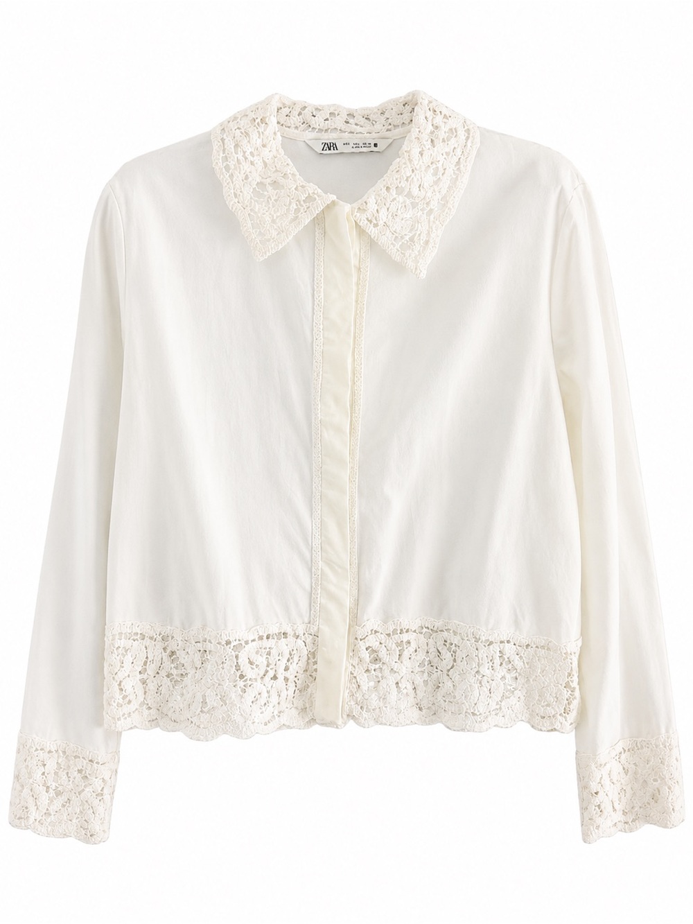 Zara White Blouse with Crochet Lace Trim Detail - Size Large
